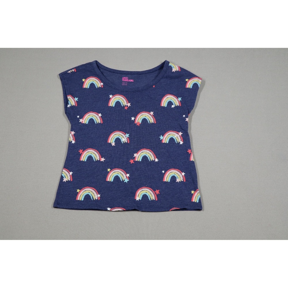 Epic Threads Girls‎ Rainbow Print Tee Shirt- Navy - Size M